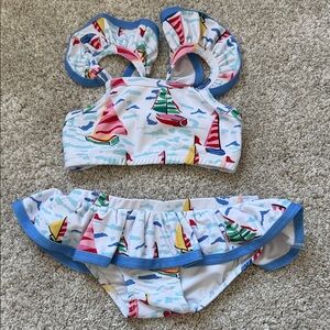 Girls' Sailboat Print Blue-Trim Bikini Set